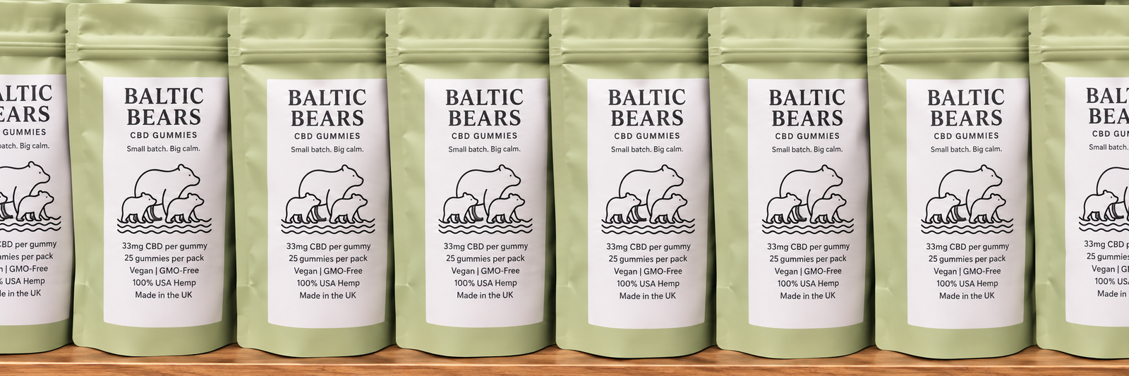 Baltic Bears CBD gummies arranged as a repeating retail shelf display
